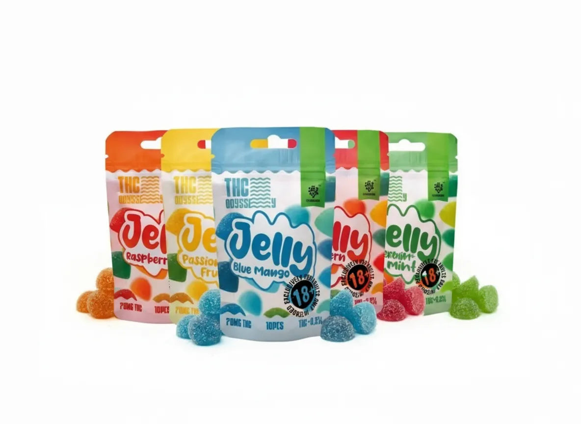 Five THC Odyssey jelly flavours arranged together