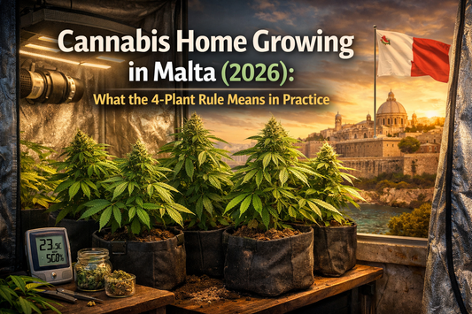 Cannabis home growing in Malta with four plants indoors, representing the legal 4-plant rule for personal use.