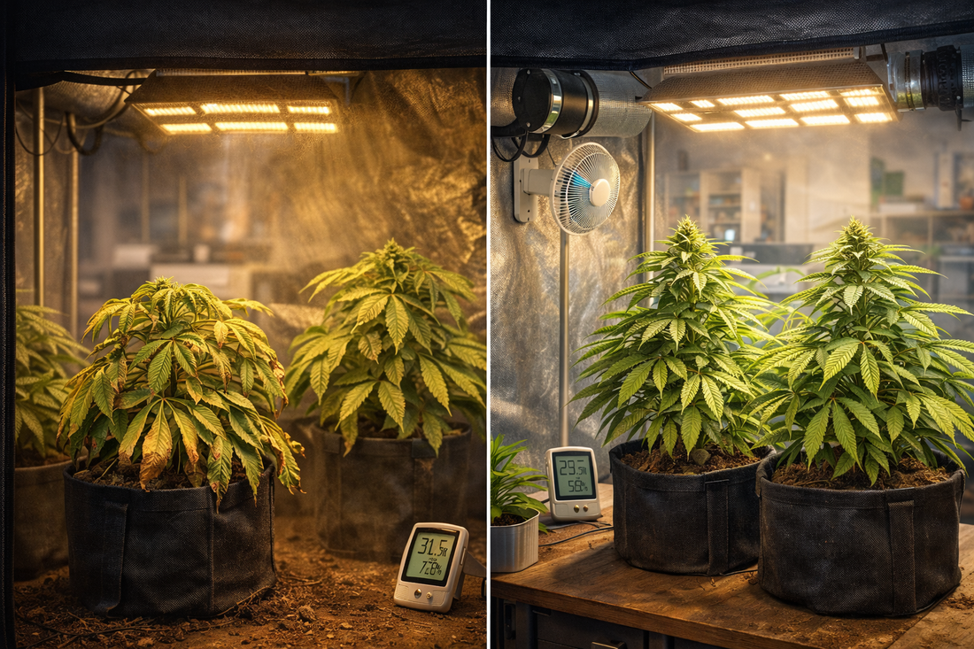An educational split-image showing indoor plant care mistakes versus correct setup.