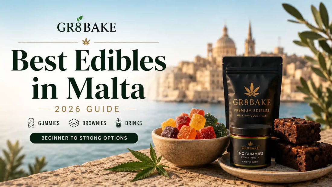 Premium gummies and brownies featured in a Mediterranean Malta lifestyle setting for Gr8Bake’s 2026 best edibles guide hero banner