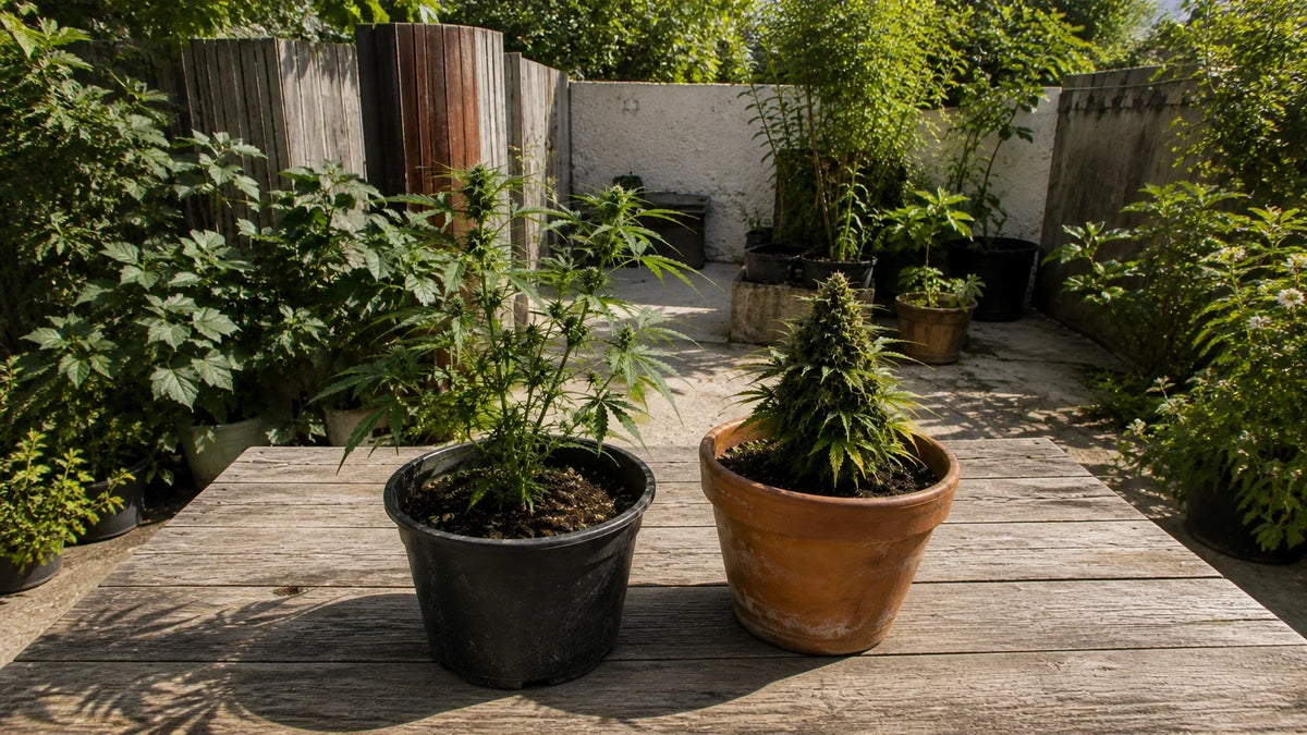 Two cannabis plants in separate pots on a stone patio