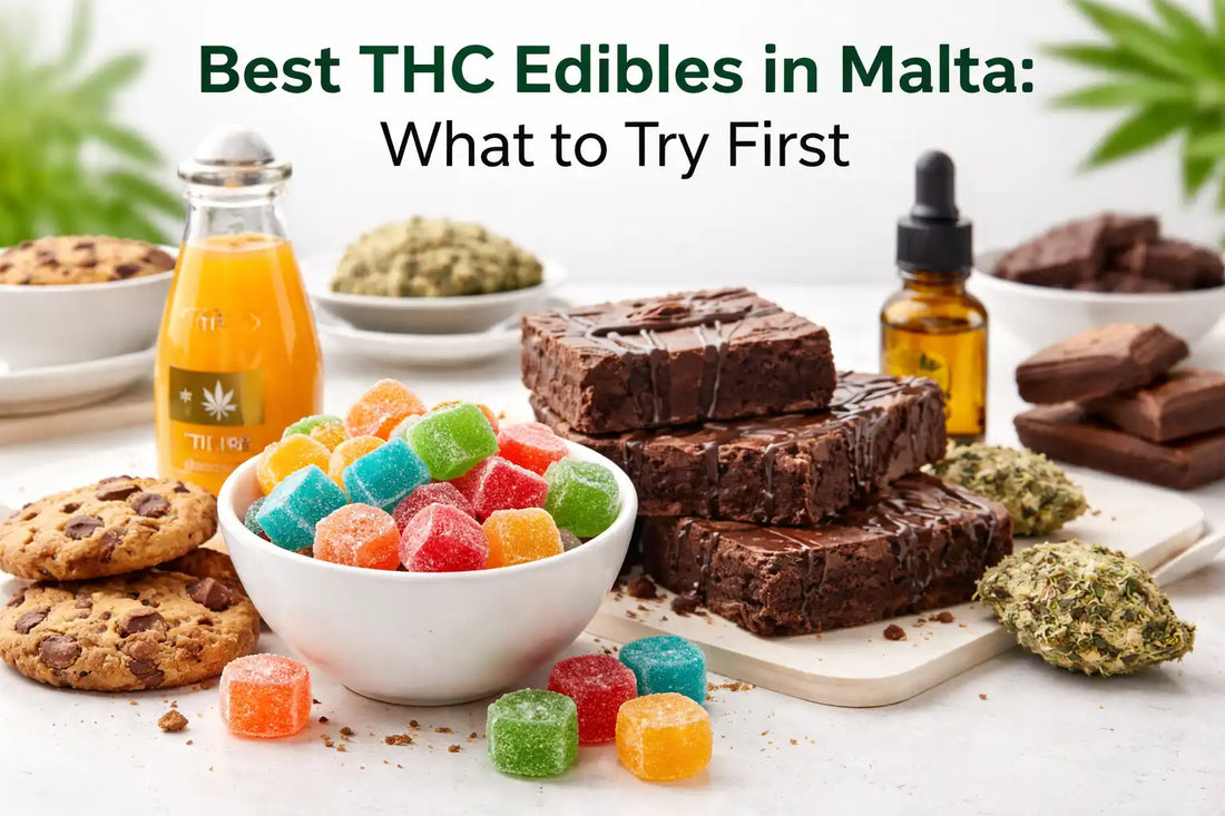 THC edibles in Malta including gummies, brownies and cookies displayed on clean surface for beginner-friendly guide