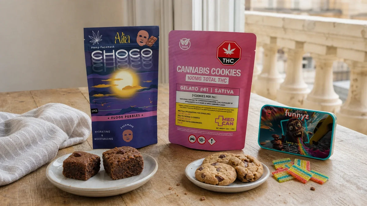 THC edibles in Malta including brownies, cookies and rainbow gummy belts