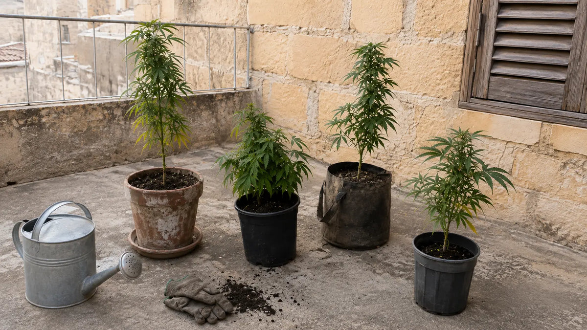 Cannabis plants growing in pots on a Maltese terrace