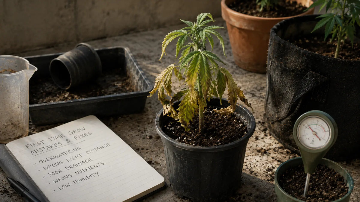 Potted cannabis seedlings with watering and moisture-monitoring tools