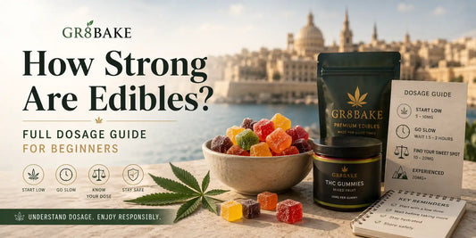 Beginner edible dosage guide featuring THC gummies and safe serving advice in a premium Malta lifestyle setting for Gr8Bake 2026 guide