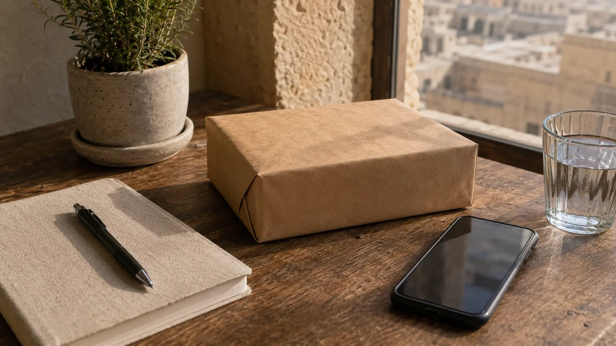 Discreet parcel, notebook and smartphone on a Maltese table