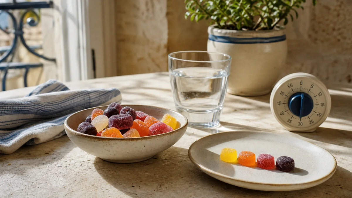 Gummies and edible treats arranged for a THC dosage guide in Malta