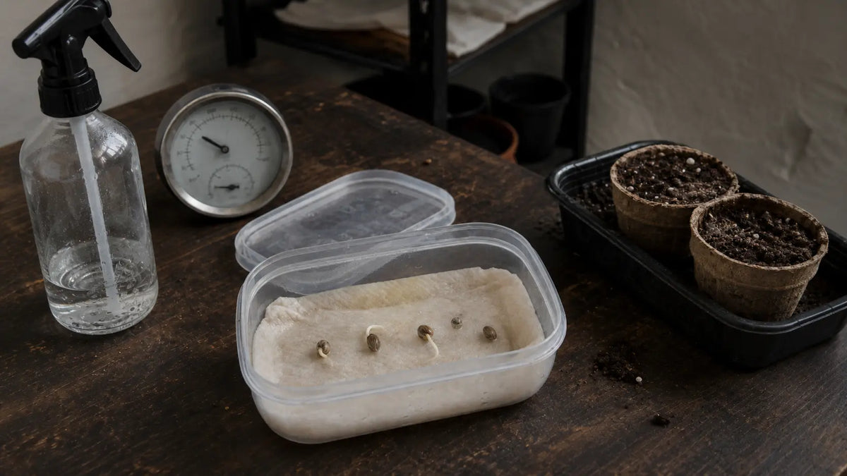 Cannabis seeds placed on damp paper towel in a container beside a spray bottle, moisture gauge and seedling pots