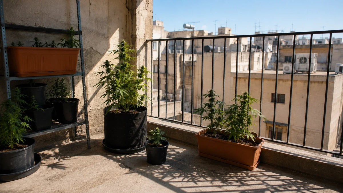 Potted cannabis plants beside a sunlit window overlooking neighboring buildings