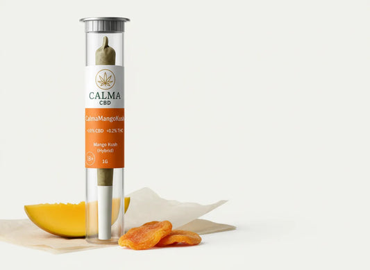 CalmaMangoKush CBD pre-roll 1g tube packaging Gr8bake
