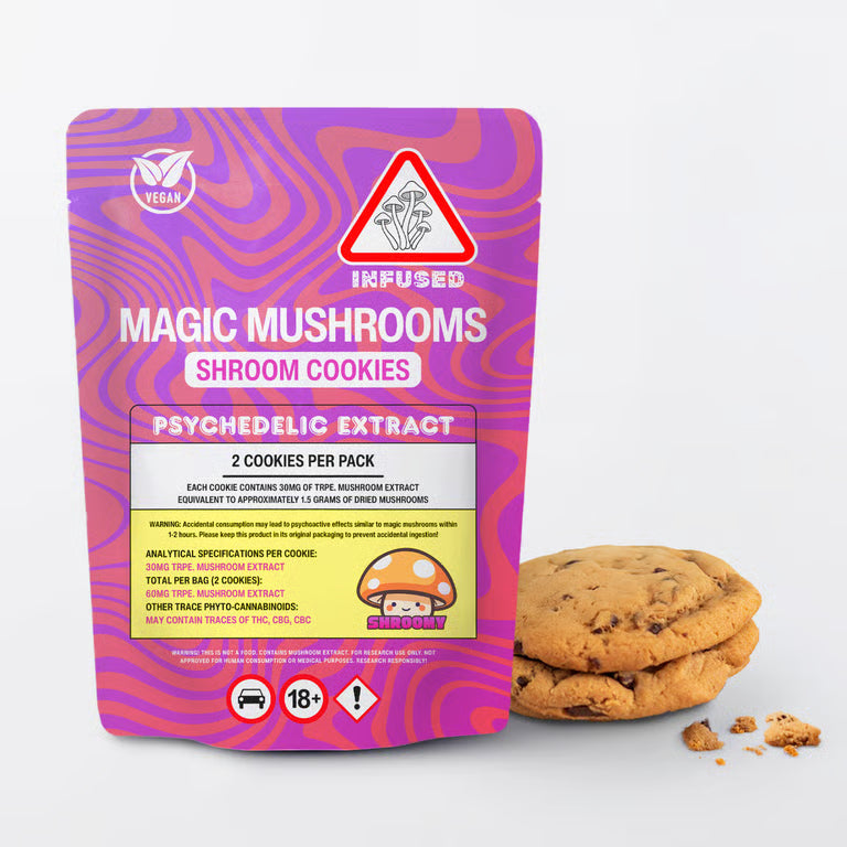 Magic Mushrooms Shroom Cookies 3g psychedelic mushroom extract pouch with two cookies.