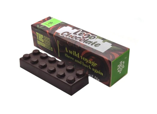 THC Odyssey Lego Chocolate 40mg box and chocolate brick